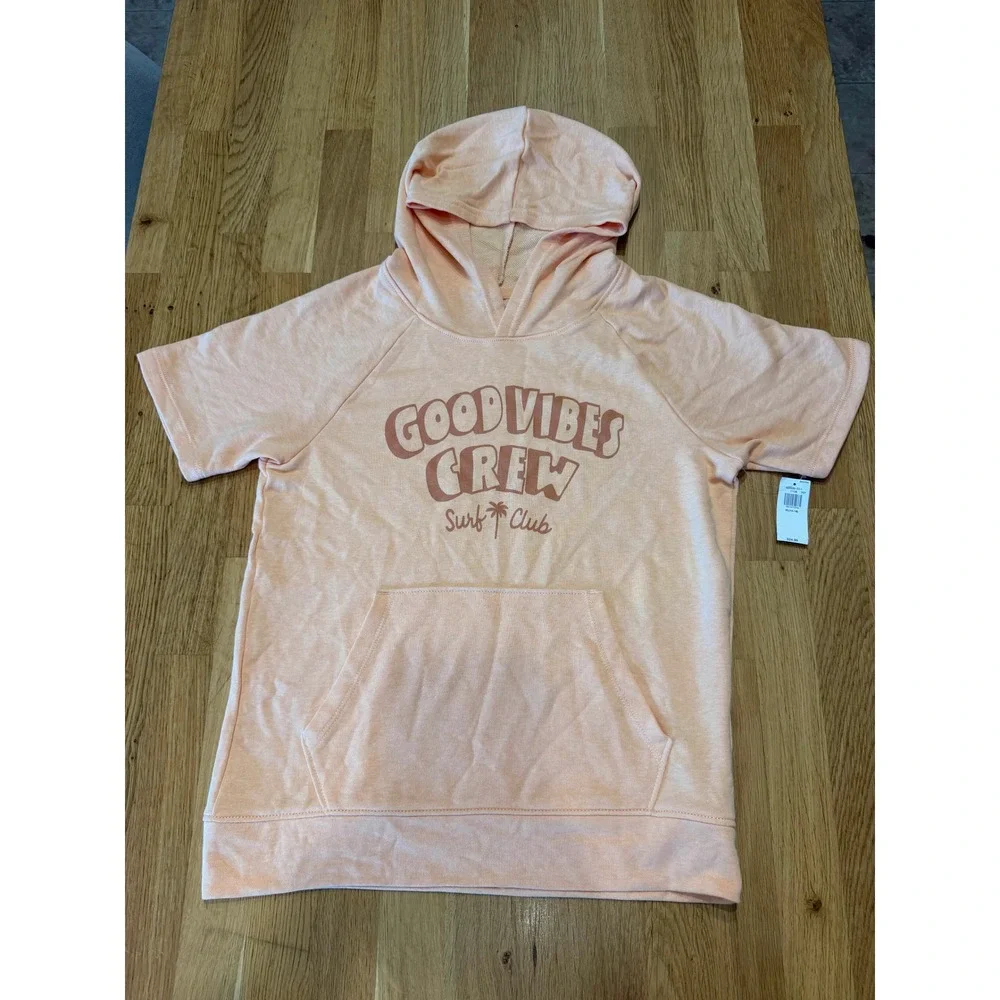 Old Navy Boys XL 14-16 Peach Good Vibes Crew Surf Club Short Sleeve Hoodie NWT